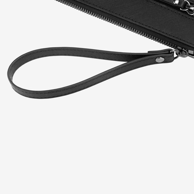 Rich Roots Black Saffiano Wristlet - Elegant Leather Accessory with Secure Strap and Spacious Design. Ideal for Organizing Essentials. Durable Saffiano Leather for Everyday Use. Versatile Wristlet Pouch. Shop Now for a Blend of Style and Practicality.
