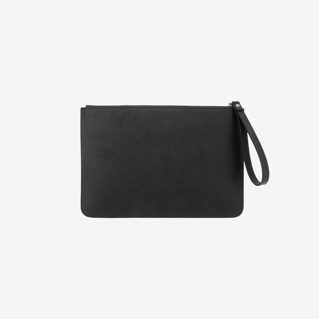 Rich Roots Saffiano Wristlet - Elegant Black Leather Accessory with Secure Strap and Spacious Interior for Modern Lifestyles. Ideal for Organizing Essentials: Phone, Keys, and Cards. Crafted from Durable Saffiano Leather. Versatile Wristlet Pouch, Perfect for Everyday Use and Travel. Shop Now for Style and Functionality.
