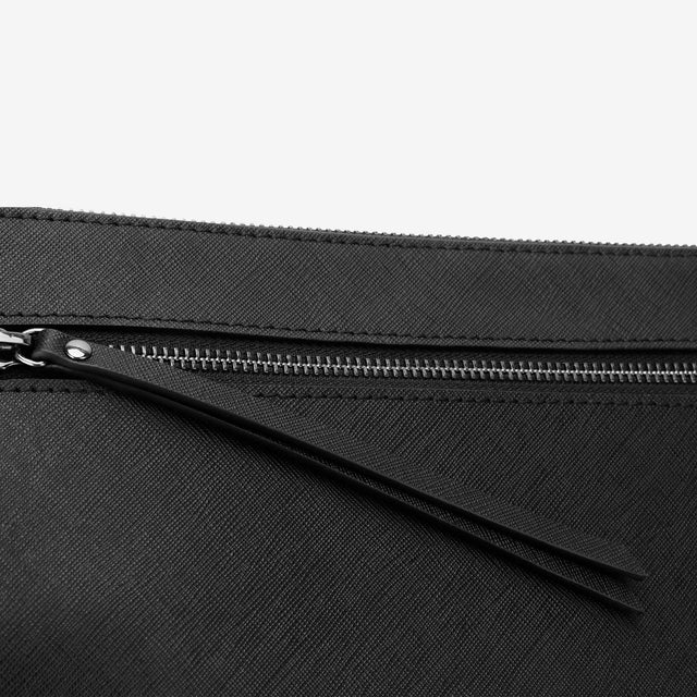 Rich Roots Saffiano Wristlet: Black Leather, Secure Strap, Spacious Interior. Ideal for Modern Lifestyles. Organize Phone, Keys, Cards. Durable Saffiano Leather. Versatile Wristlet Pouch for Everyday Use and Travel. Shop Now for Style and Functionality